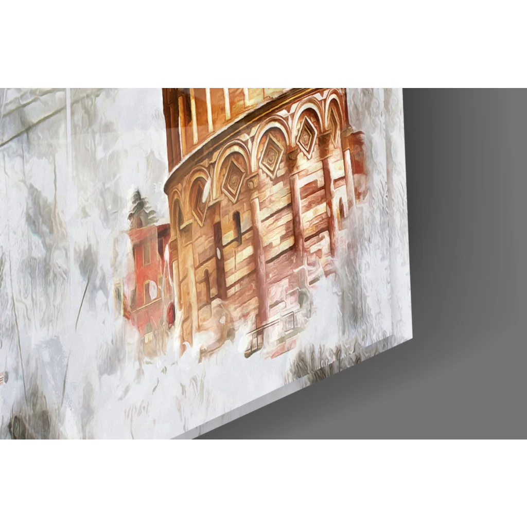 Watercolor canvas wall art of historic stone building with arched windows