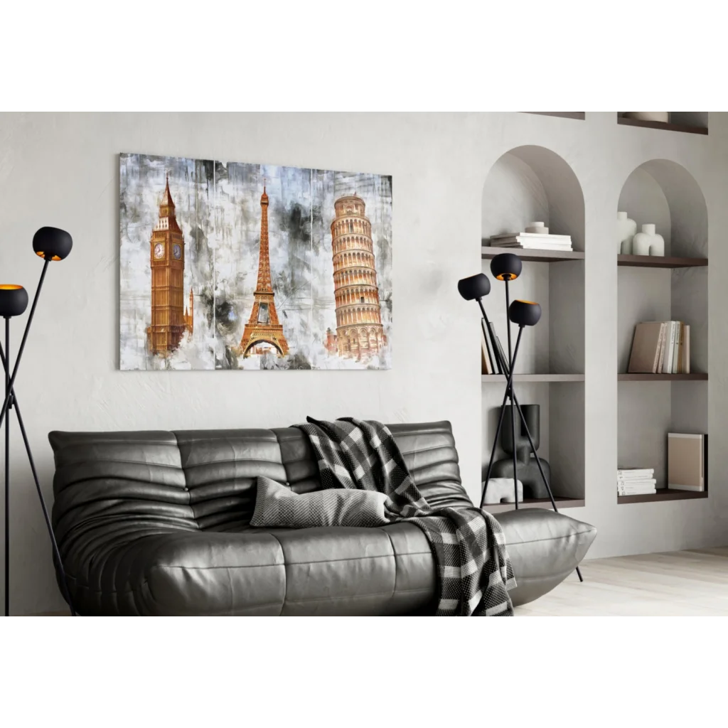 Iconic landmarks watercolor wall art with Big Ben, Eiffel Tower, Pisa