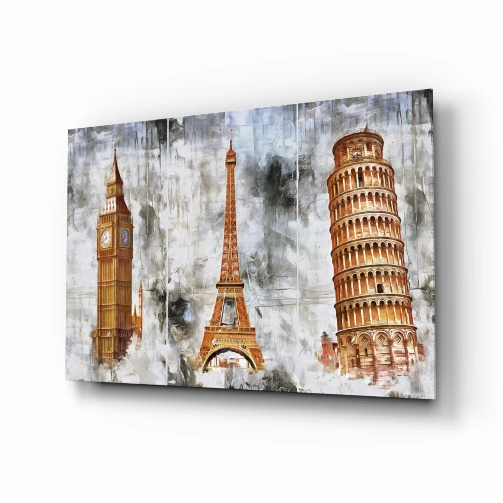 Iconic landmarks watercolor wall art with Big Ben, Eiffel Tower, Pisa