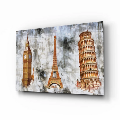 Iconic landmarks watercolor wall art with Big Ben, Eiffel Tower, Pisa
