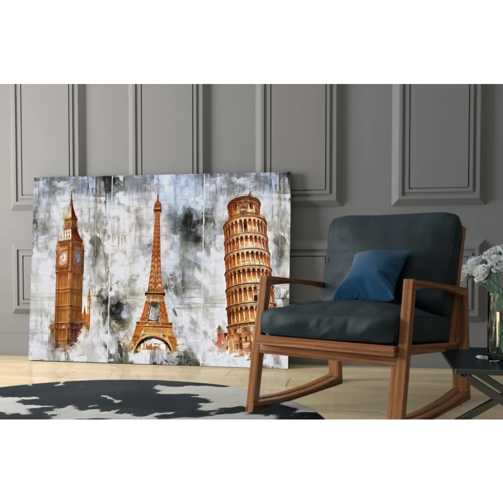 Iconic landmarks watercolor wall art triptych with Big Ben, Eiffel Tower, Pisa