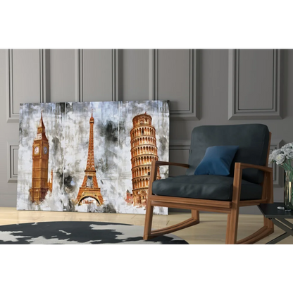 Iconic landmarks watercolor wall art triptych with Big Ben, Eiffel Tower, Pisa