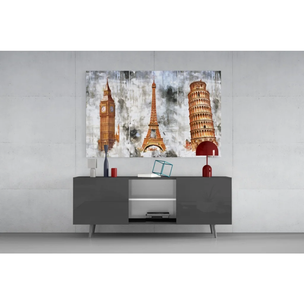 Iconic landmarks watercolor wall art with Eiffel Tower, Big Ben, Pisa in bronze tones