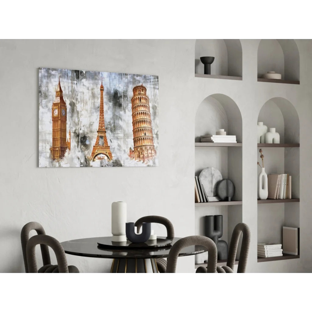 Iconic landmarks watercolor wall art of Big Ben, Eiffel Tower, Pisa