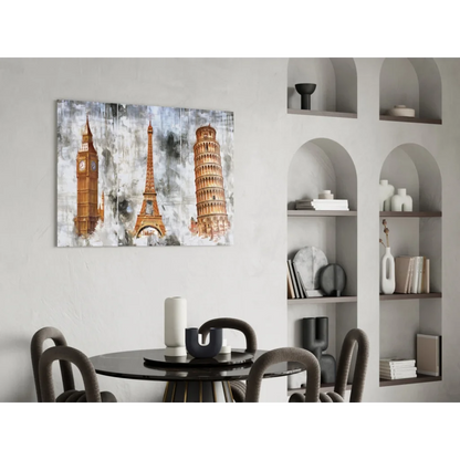 Iconic landmarks watercolor wall art of Big Ben, Eiffel Tower, Pisa