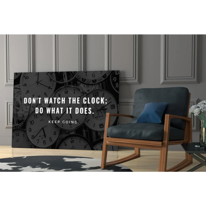 Black and white clock collage on glass wall art with motivational quote