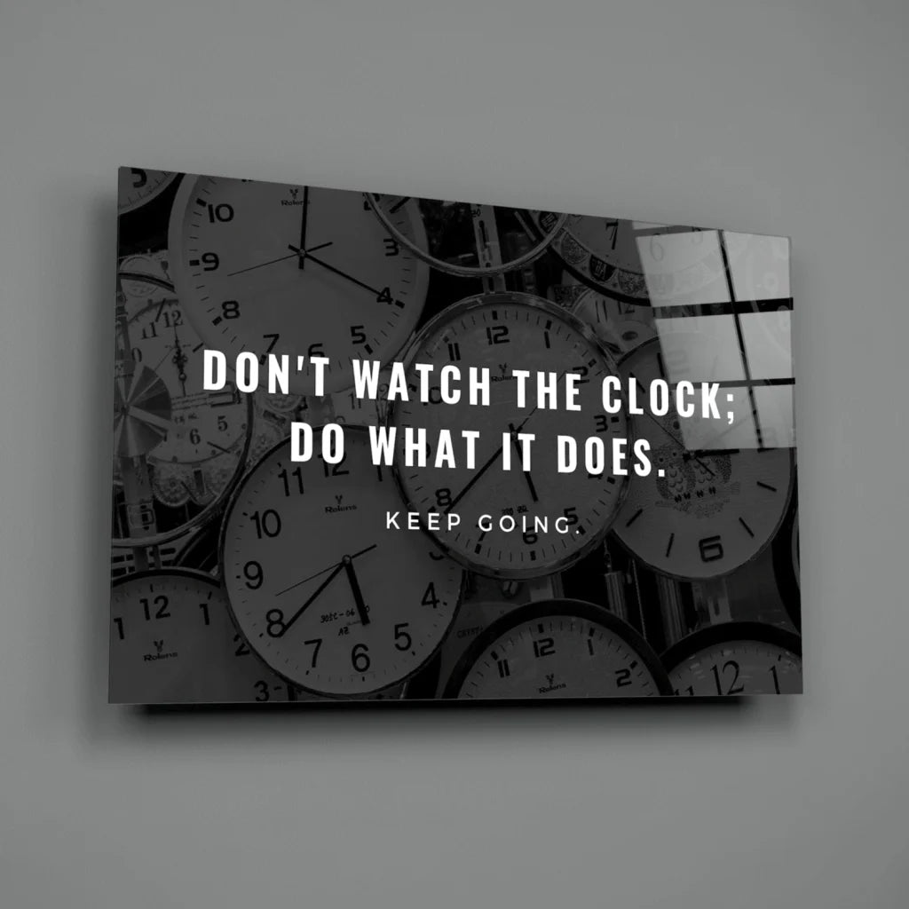 Black-and-white clock collage glass wall art with motivational quote