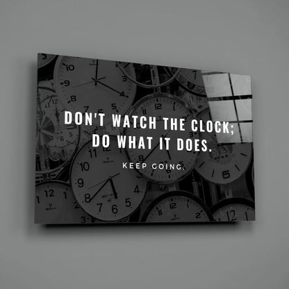 Black-and-white clock collage glass wall art with motivational quote