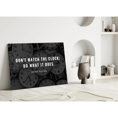 Black glass wall art print with overlapping clocks and motivational quote