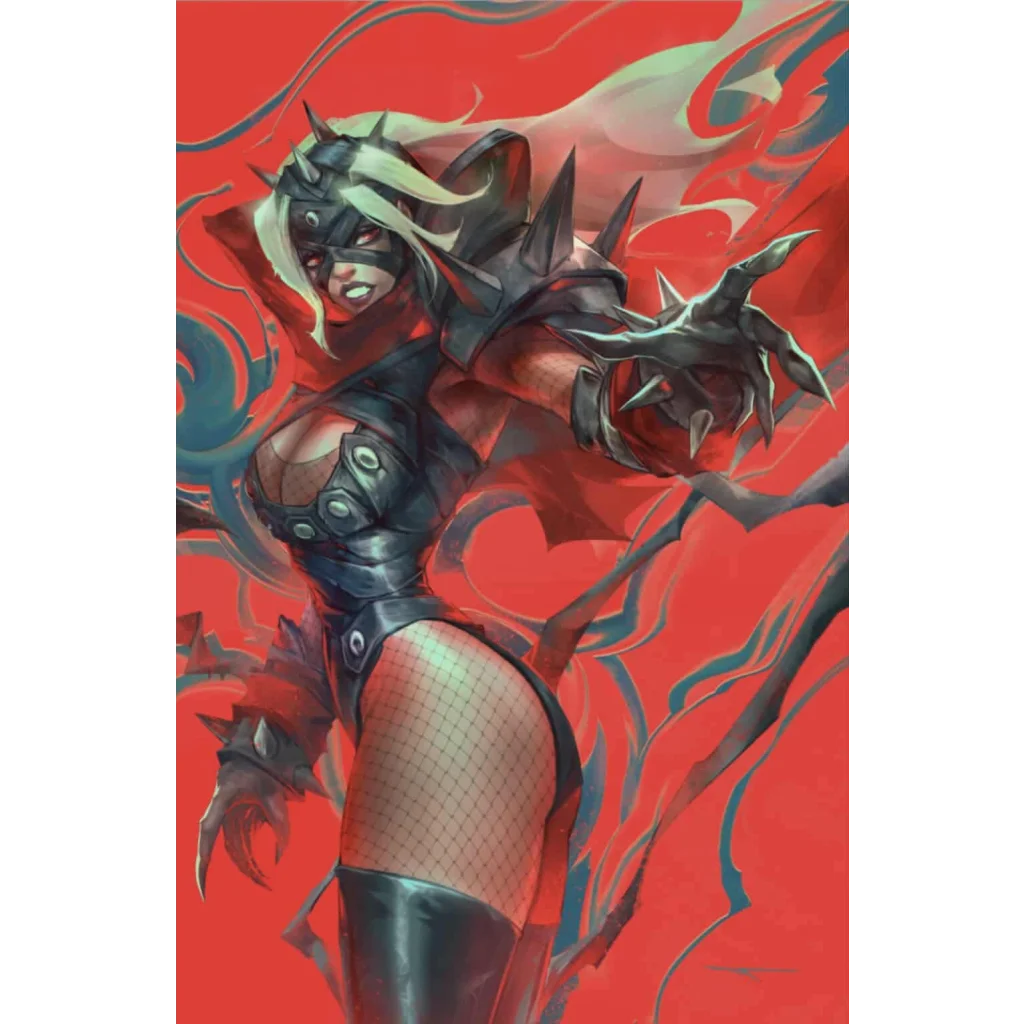 Fierce female in black spiked armor from Fantastic Four #6 Ivan Tao exclusive, striking pose on fiery red background