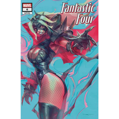 Stylized Fantastic Four #6 comic cover with female superhero in black spiked armor and red mesh stockings, Ivan Tao exclusive