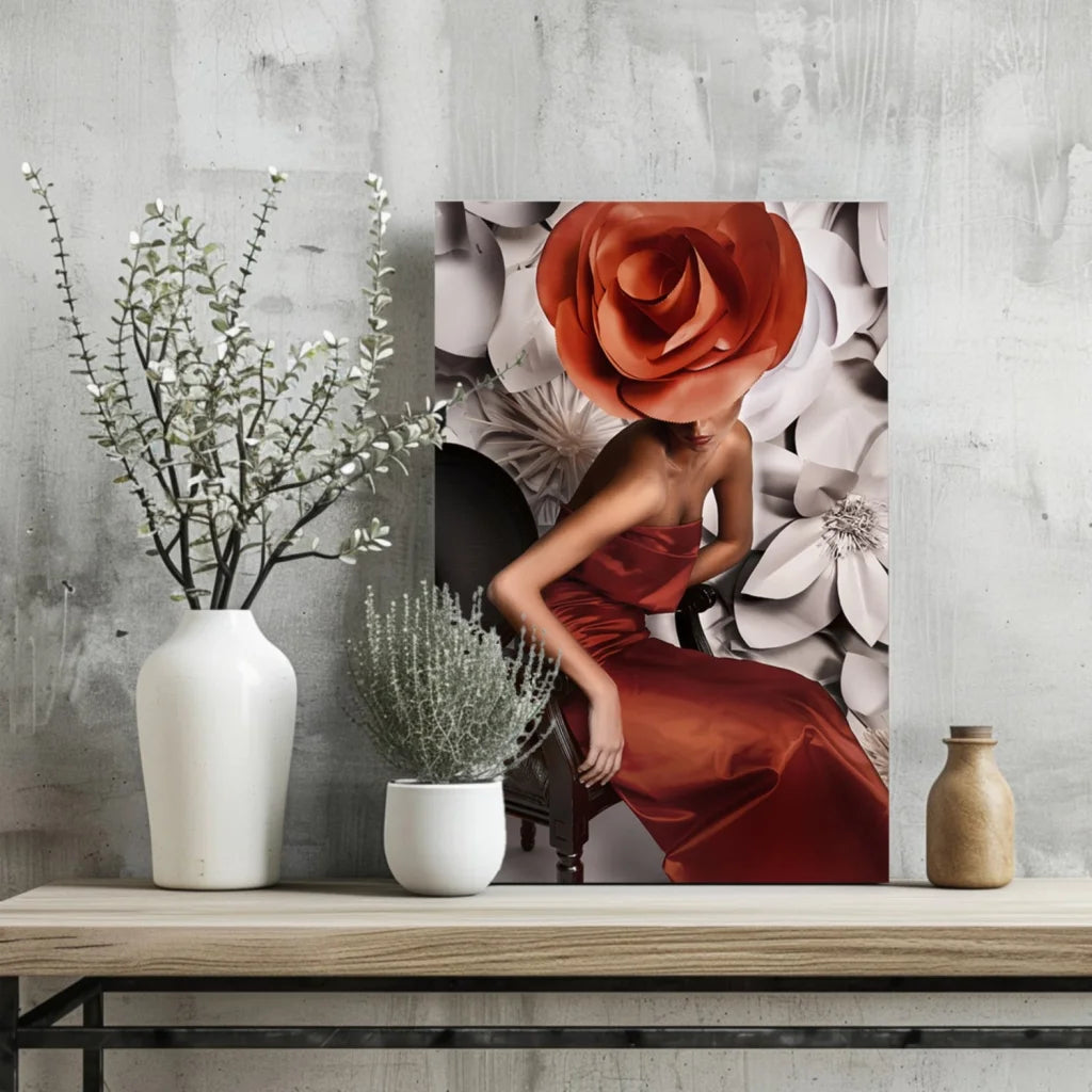Stunning red gown woman under giant orange rose on Insigne aluminum print