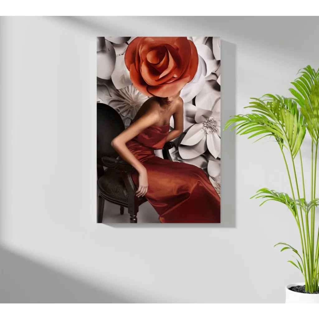 Stunning red gown woman with giant orange rose on insigne aluminum print