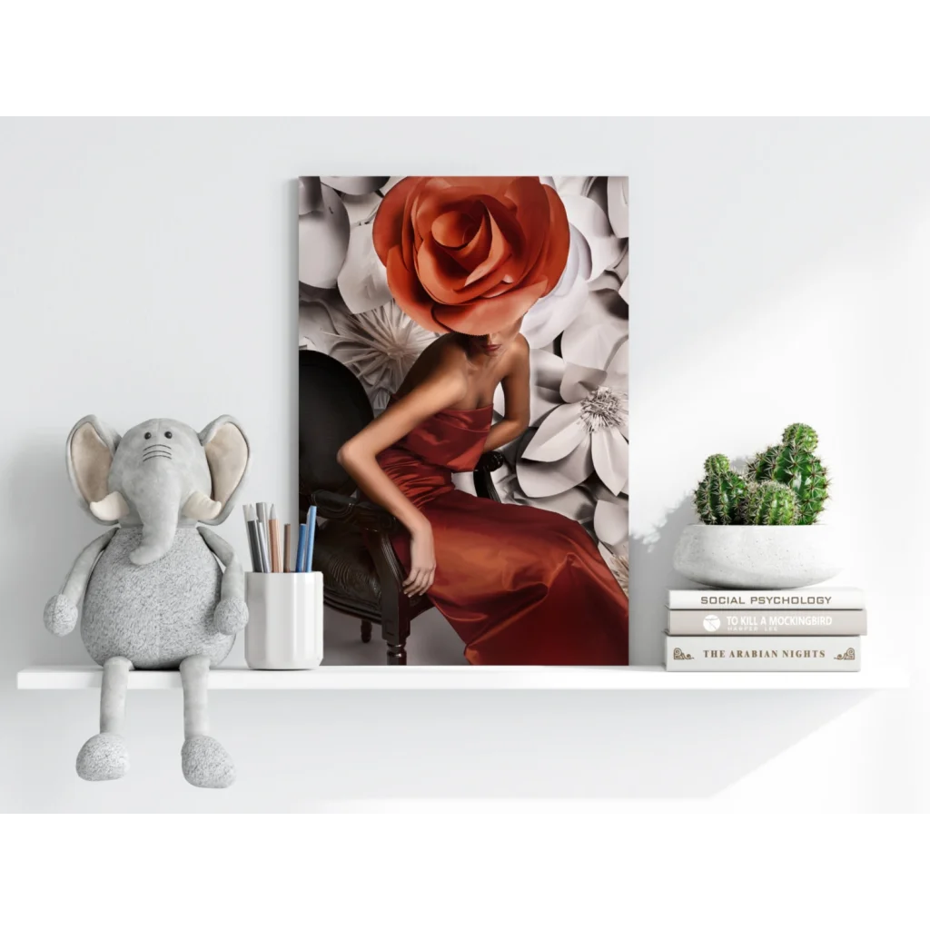 Stunning red gown on insigne aluminum print with giant orange rose