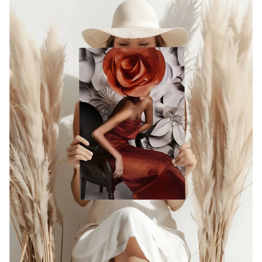 Woman in white hat holds vibrant red rose insigne aluminum print