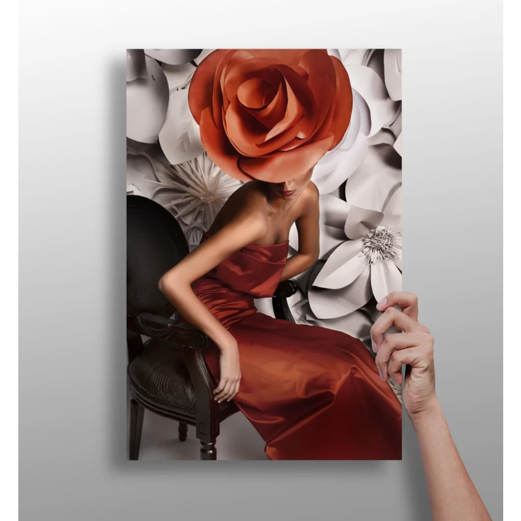 Stunning red gown insigne aluminum print with giant rose