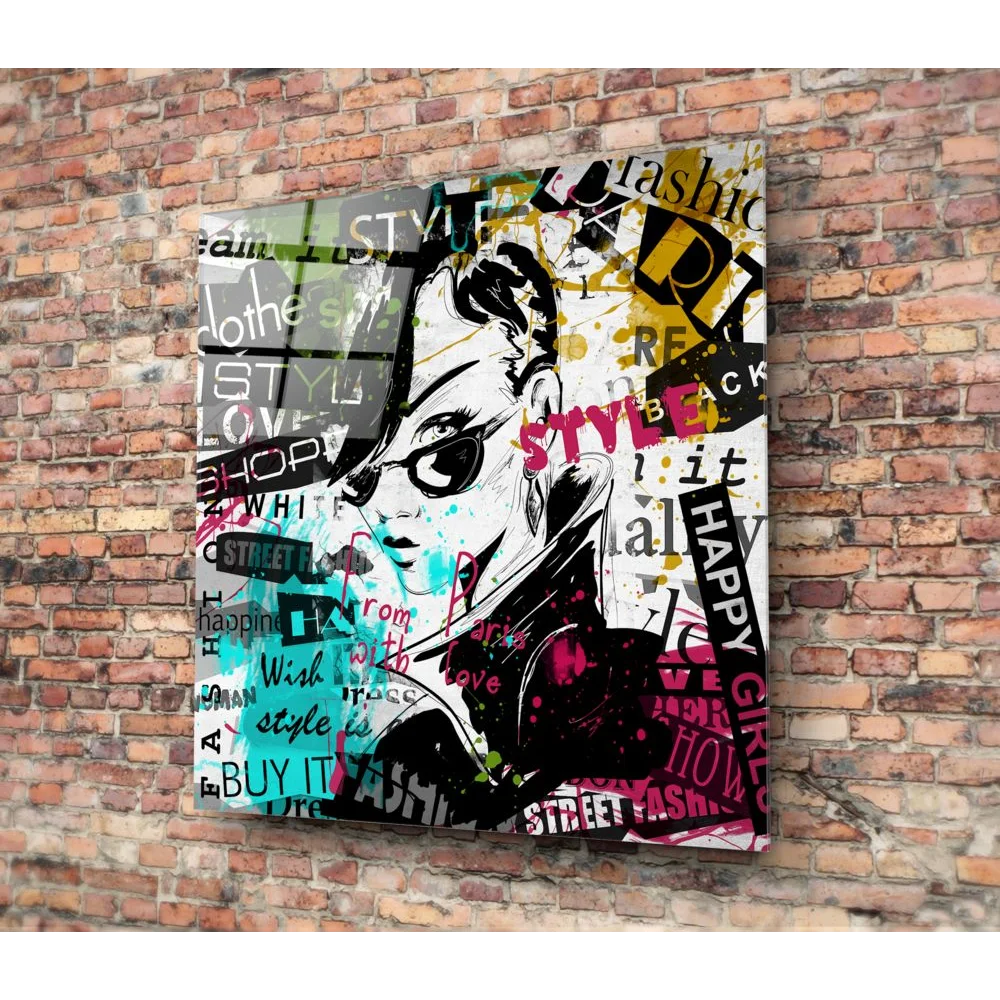 Urban Graffiti Girl Tempered Glass Art with Neon Splashes | Modern Wall Art Decor | vintageantiquesgifts.com