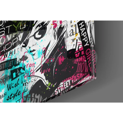Urban Graffiti Girl Tempered Glass Art with Neon Splashes | Glass Wall Art Print | vintageantiquesgifts.com