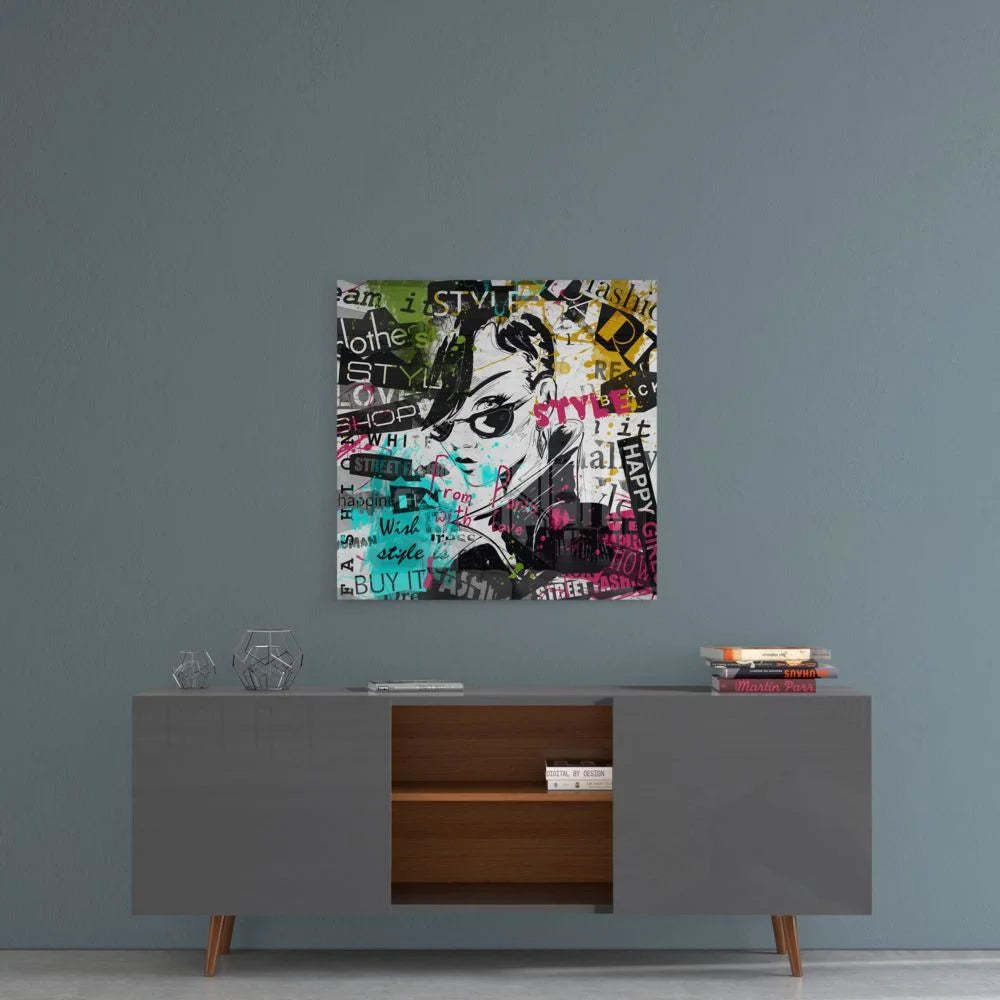 Urban Graffiti Girl Tempered Glass Art with Neon Splashes | Contemporary Home Wall Art | vintageantiquesgifts.com
