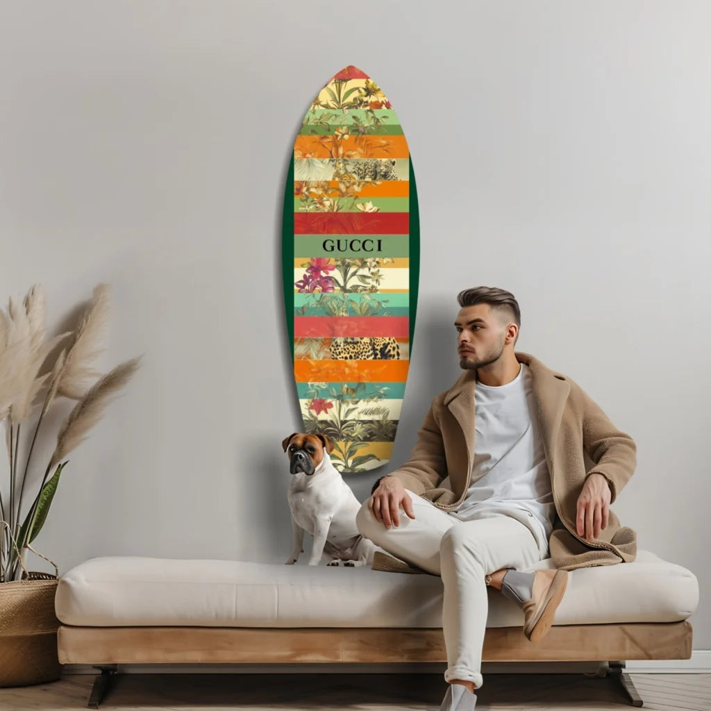 Vibrant Gucci surfboard tempered glass art with bold stripes and florals