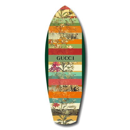 Gucci Surfboard Tempered Glass Art with Vibrant Florals | Insigneart USA | vintageantiquesgifts.com