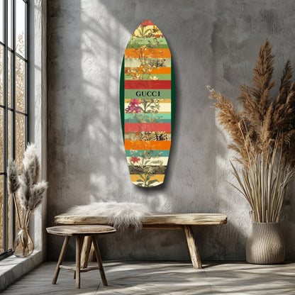 Vibrant Gucci surfboard tempered glass art with floral prints