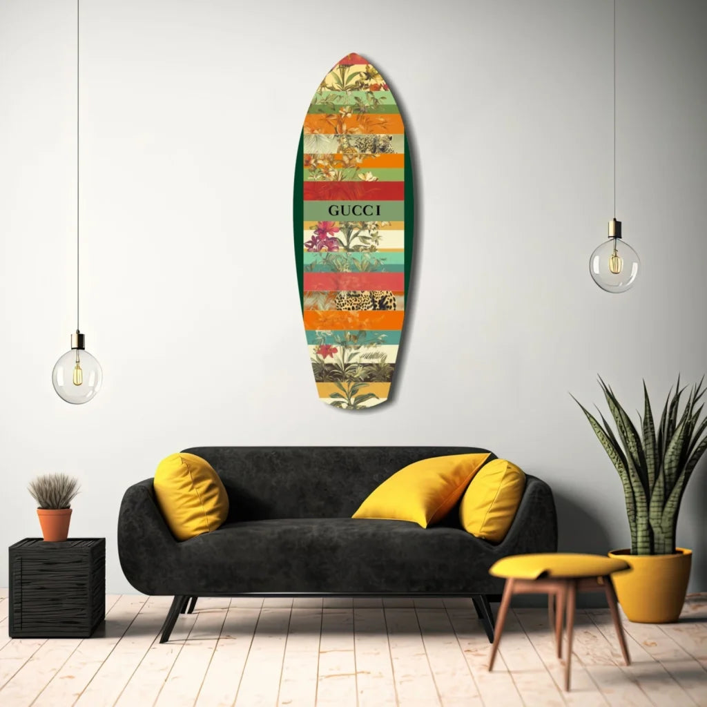 Vibrant Gucci surfboard tempered glass art with colorful floral stripes