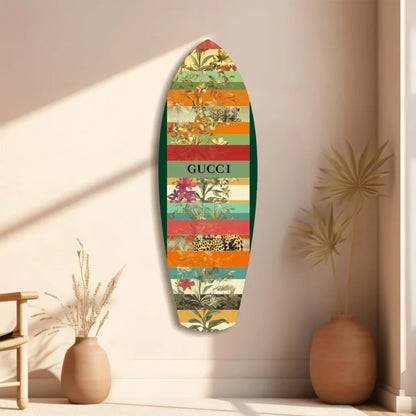 Vibrant Gucci surfboard tempered glass art with bold floral stripes