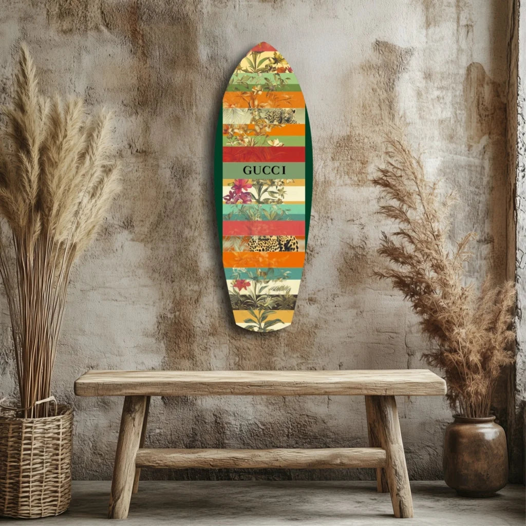 Gucci Surfboard Tempered Glass Art with Vibrant Florals | Modern Wall Art Decor | vintageantiquesgifts.com