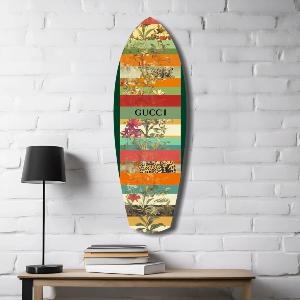 Gucci Surfboard Tempered Glass Art with Vibrant Florals | Contemporary Home Wall Art | vintageantiquesgifts.com