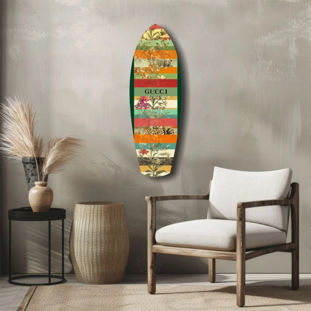 Vibrant Gucci surfboard tempered glass art with floral animal stripes