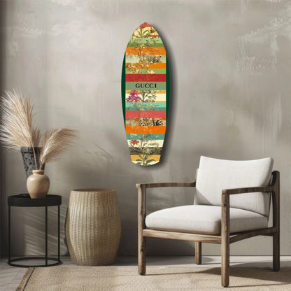 Vibrant Gucci surfboard tempered glass art with floral animal stripes