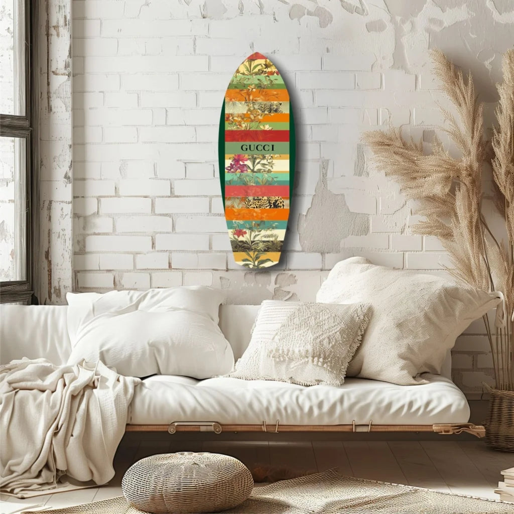 Gucci surfboard tempered glass art with vibrant floral stripes