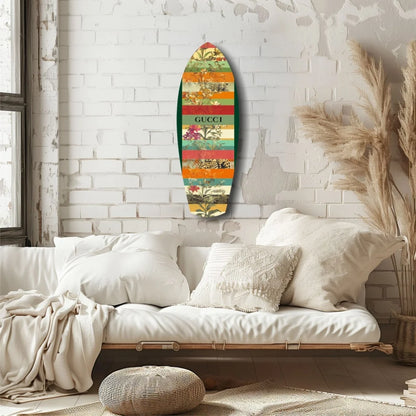 Gucci surfboard tempered glass art with vibrant floral stripes
