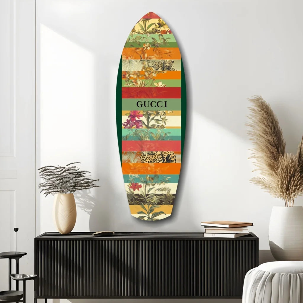 Gucci surfboard tempered glass art with vibrant floral stripes