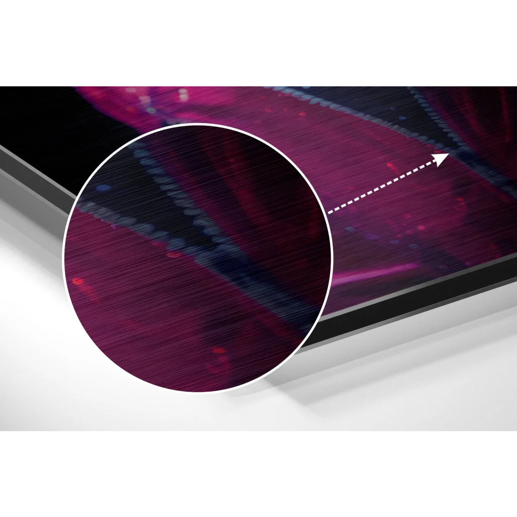 Stunning brushed aluminium dibond art print with vibrant purple abstract visuals