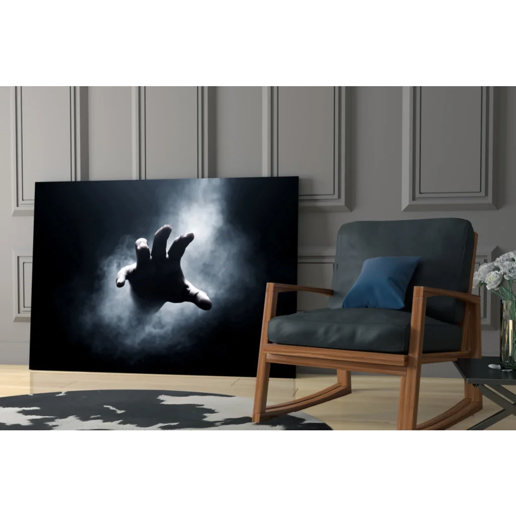 Dramatic black canvas wall art of hand reaching through mist silhouette