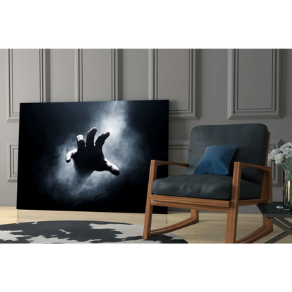 Dramatic black canvas wall art of hand reaching through mist silhouette