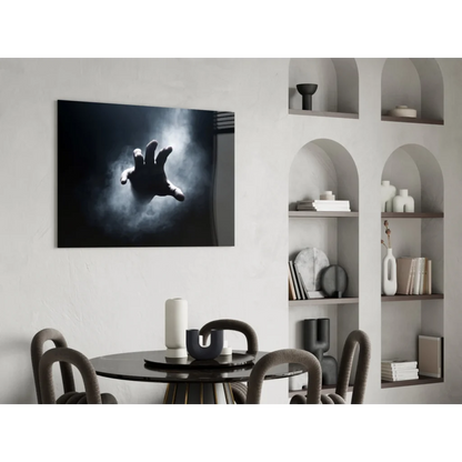 Dramatic black canvas wall art of hand reaching through mist silhouette
