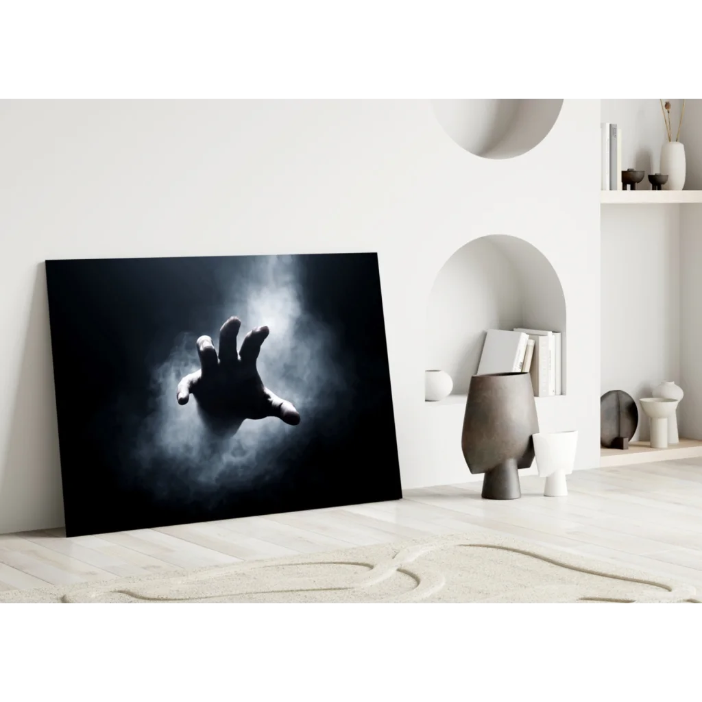 Reaching Hand Through Mist Black Canvas Wall Art | Modern Wall Art Decor | vintageantiquesgifts.com