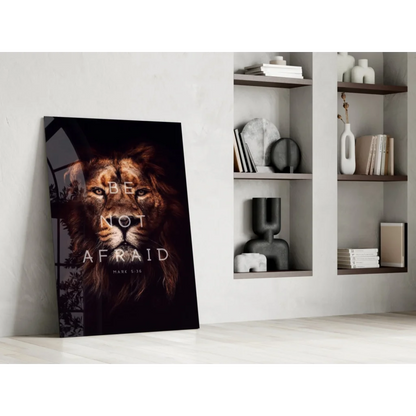 Fearless Lion glass wall art with Be Not Afraid verse