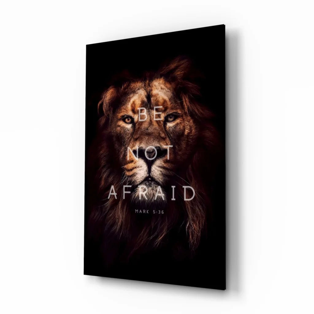 Dramatic lion glass wall art with Be Not Afraid Mark 5:36 verse