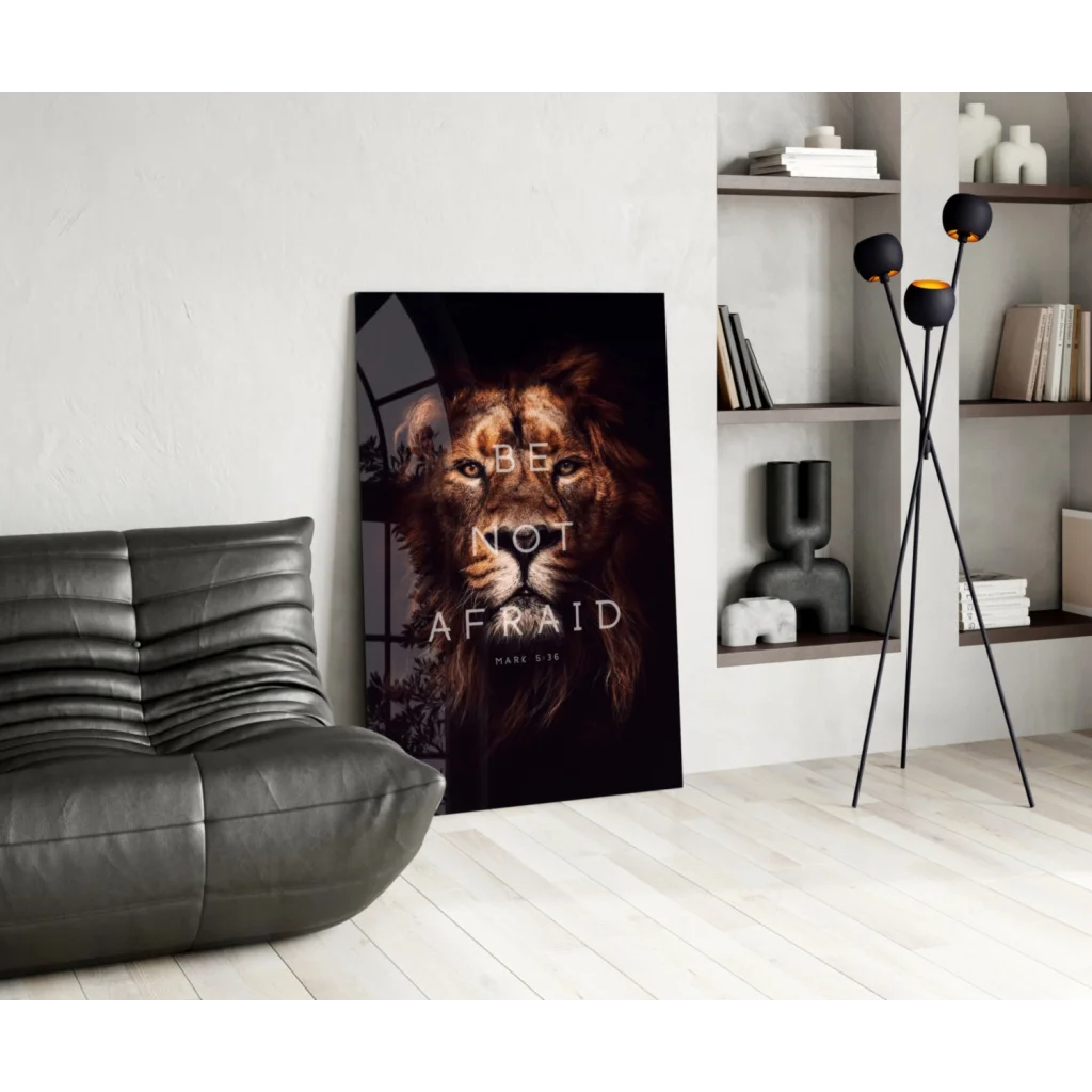 Fearless Lion glass wall art with Be Not Afraid scripture