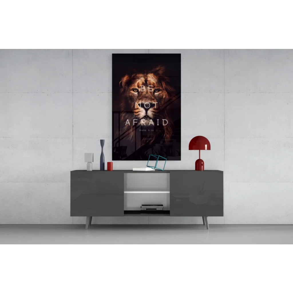 Striking black-and-gold lion glass wall art with Be Not Afraid verse