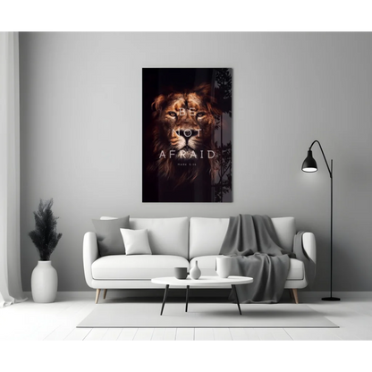 Majestic lion glass wall art with Be Not Afraid verse