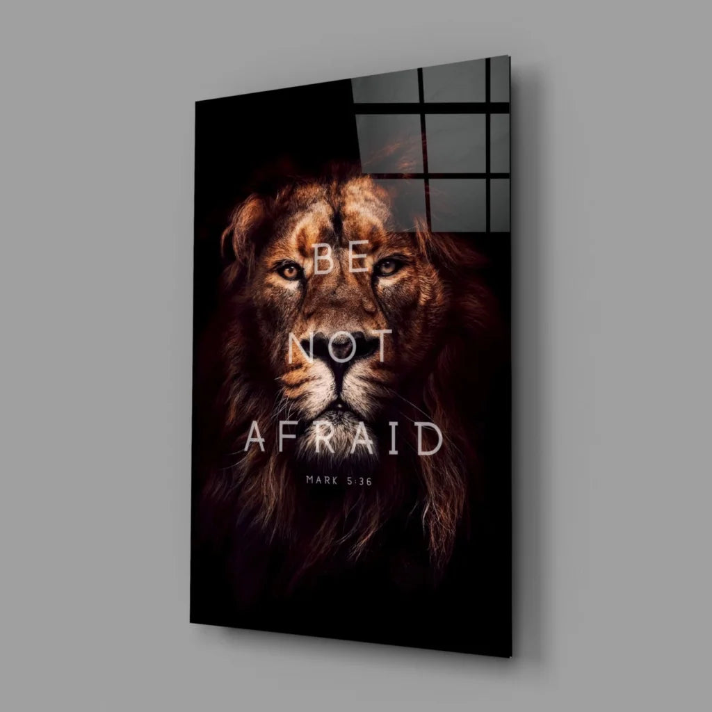 Fearless Lion glass wall art with Mark 5:36 scripture verse