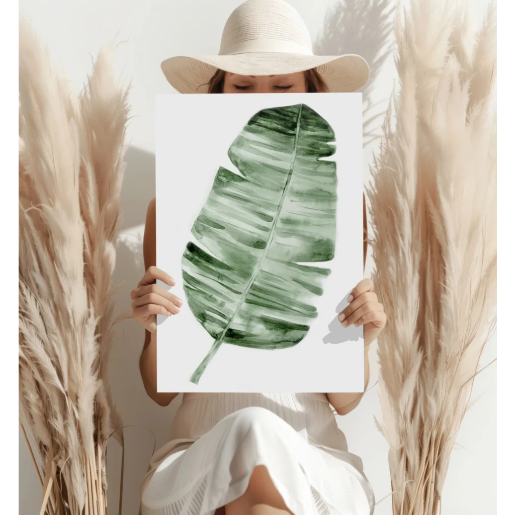 Stunning watercolor green banana leaf on white canvas insigne aluminum print