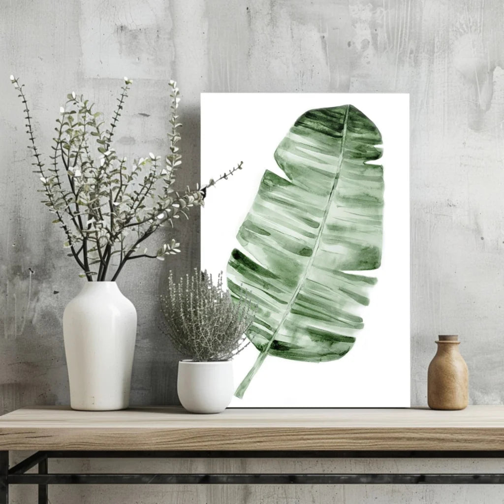 Watercolor green banana leaf on white canvas as insigne aluminum print