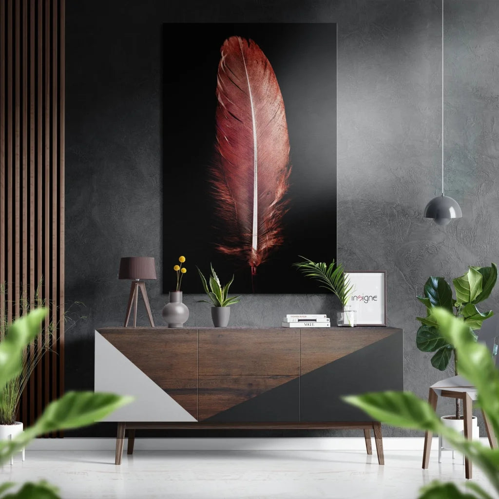 Stunning brushed aluminium dibond feather wall art with copper feather on black