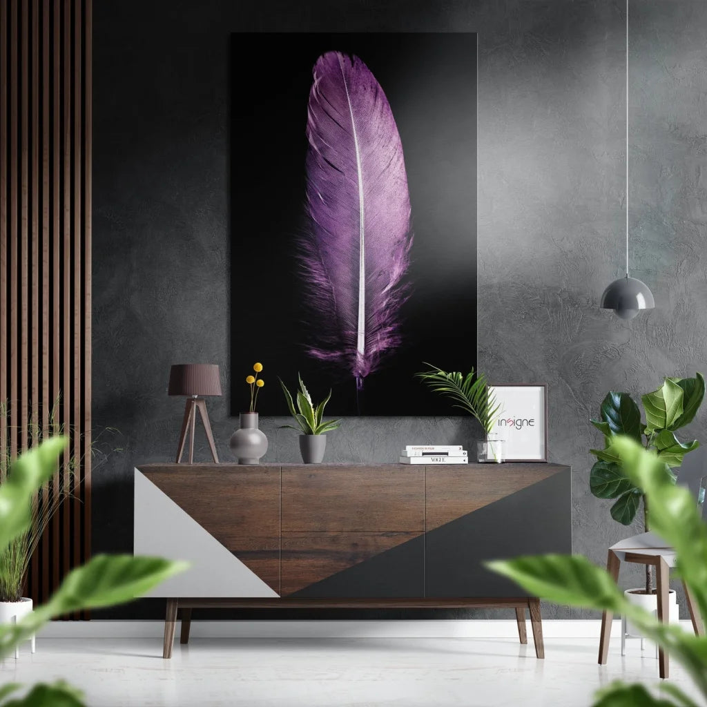 Stunning purple feather print on brushed aluminium dibond above sideboard